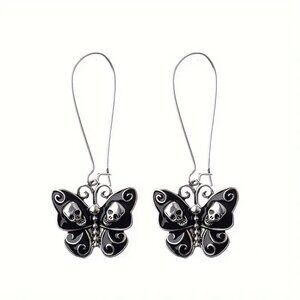 #32 Gothic Skull Butterfly Drop Dangle Earrings, Black Enamel